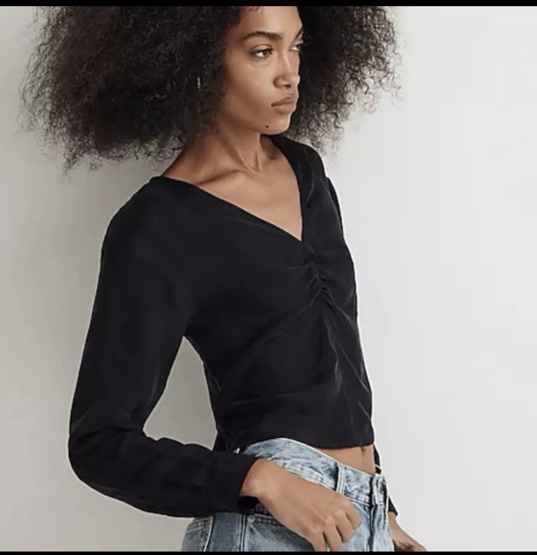Madewell Blouse Women Size 10 Black Brushed Ruched Front Top Long Sleeve NWT