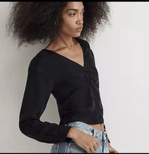 Madewell Blouse Women Size 10 Black Brushed Ruched Front Top Long Sleeve NWT