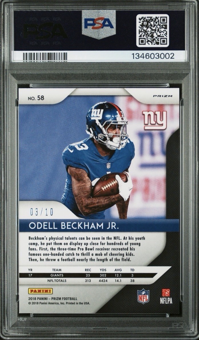 2018 Panini Prizm Odell Beckham True Gold Prizm PSA 10 Gem Mint #/10 Giants view 3