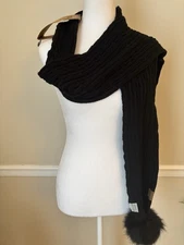 NWT C.C. Exclusives Womens Black Skinny Scarf Cable Knit Faux Fur Pom Poms