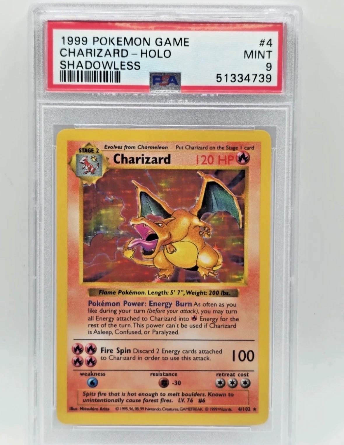1999 Pokemon Base Set Shadowless Charizard Holo 4 PSA 9 Mint