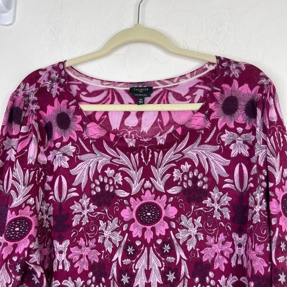 Talbots Merino Wool Button Up Cardigan Sweater Floral Purple Long Sleeve Size 2X - Image 3 of 4