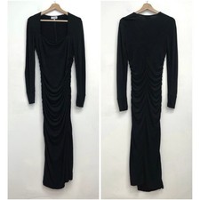 GANNI Square Neck Ruched Long Sleeve Midi Dress Stretch Jersey Bodycon - Size 38
