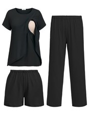 3 PCS Maternity Nursing Pajamas Set Postpartum Breastfeeding Short Sleeve Shi...