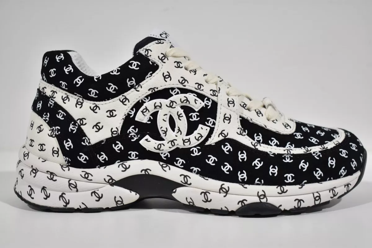 Chanel 22A Black White Suede Printed CC Logo Flat Runner Trainer Sneaker  40.5