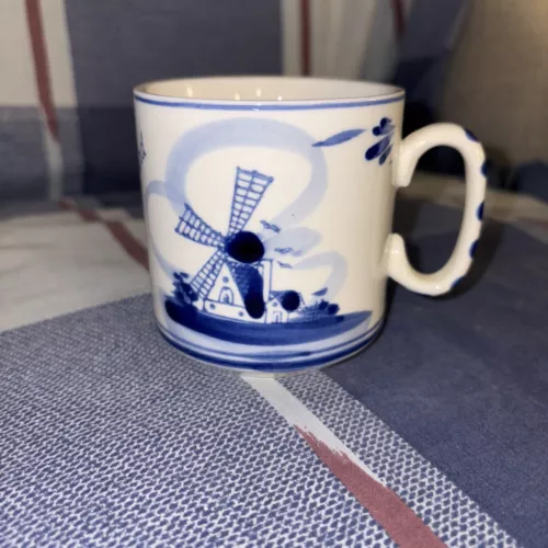 Vtg Delft Coffee Cup Holland Hand Painted Windmill Floral Tea Mug Blue White