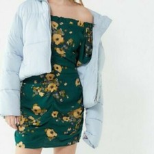 Urban Outfitters Floral Ruched Mini Dress Printed Off The Shoulder Green US S 4