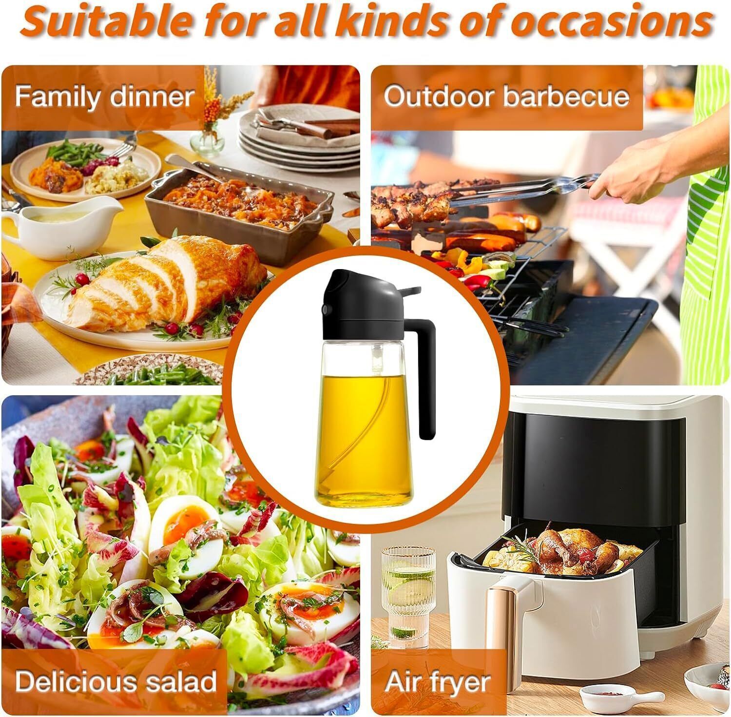 16oz Olive Oil Dispenser Bottle 2 in 1 Sprayer Spray for Kitchen Cooking Black