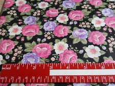 Pink, Lavender, White Flowers on Black Cotton Fabric-Sold BT 1/2 yard
