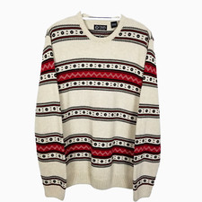 Chaps 100 Cotton Mens Fair Isle Winter Sweater Pullover Size L Ivory Red