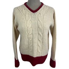 Irelands Eye Cable Knit Sweater Wool Silk Blend Cream Red Trim Sz M
