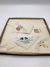 Vintage 60  s linen ladies embroidered ladies hankies. Mid century boxed of 3