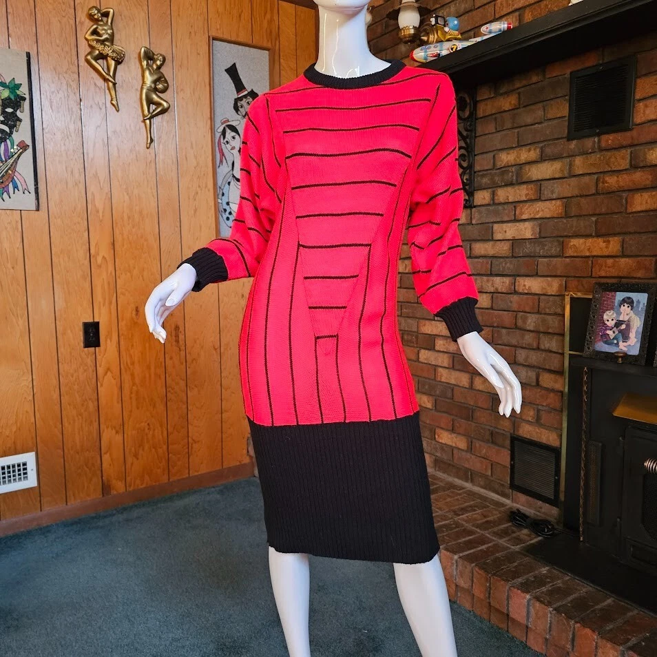 De Colección Años 80 Nueva Ola Contraste Rayas Lápiz Tejido Suéter Geométrico Movelar Vestido M/L Foto 2 de 4