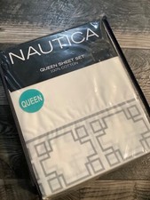 Nautica Bearing squares Queen Sheet Set White gray 100 Cotton New