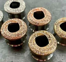 PAIR Gem Paved Braided Swirl Double Flare Tunnels Plugs Silver, Gold, Rose Gold