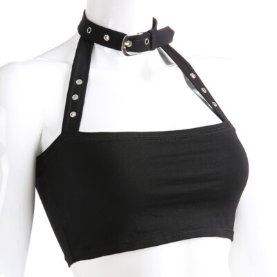 Damen Gothic Unterhemd Bauchfreies Top Tank Schnalle Punk Clubwear Zügel Schwarz