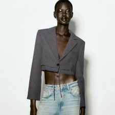 new ZARA oversize grey silky feel cropped blazer jacket,shoulder pads,loose,XS,S