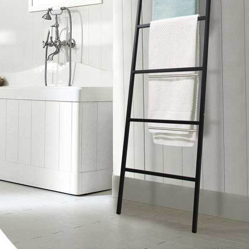 Scala Porta Asciugamani A 5 Ripiani - In Acciaio E Legno, 43x164cm, Marrone Vintage E Nero - Foto 4