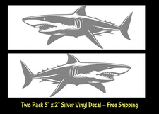 Great White Shark Two 5" x 2" Silver Vinyl Decals Car Windows Laptop Tablet