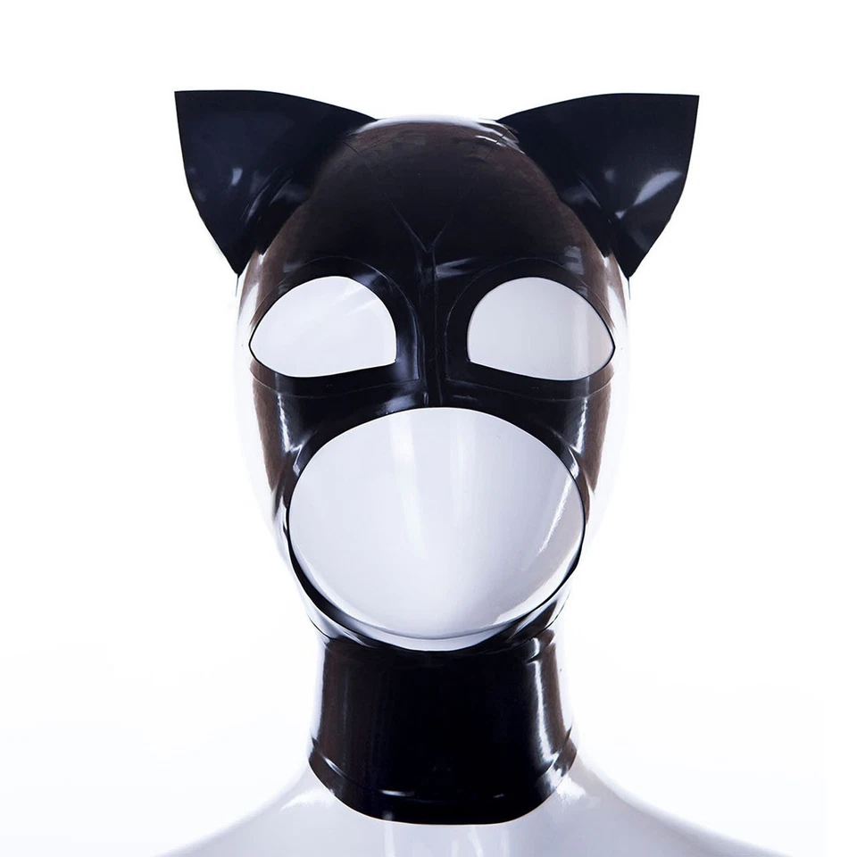 Máscara de goma abierta con capucha de látex negra de EE. UU. para Catwoman Juegos con disfraces Traje de gato Ropa de club nocturno Foto 2 de 4