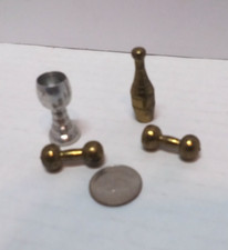 Vtg lot 4 miniature metal barbells,bowling pin, goblet rare 1 "golden,silvertone