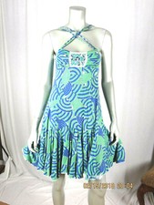 FREE PEOPLE SZ XS Lyocell/Spandex Green/Blue Super Wide Ruffle Beach Tunic Dress