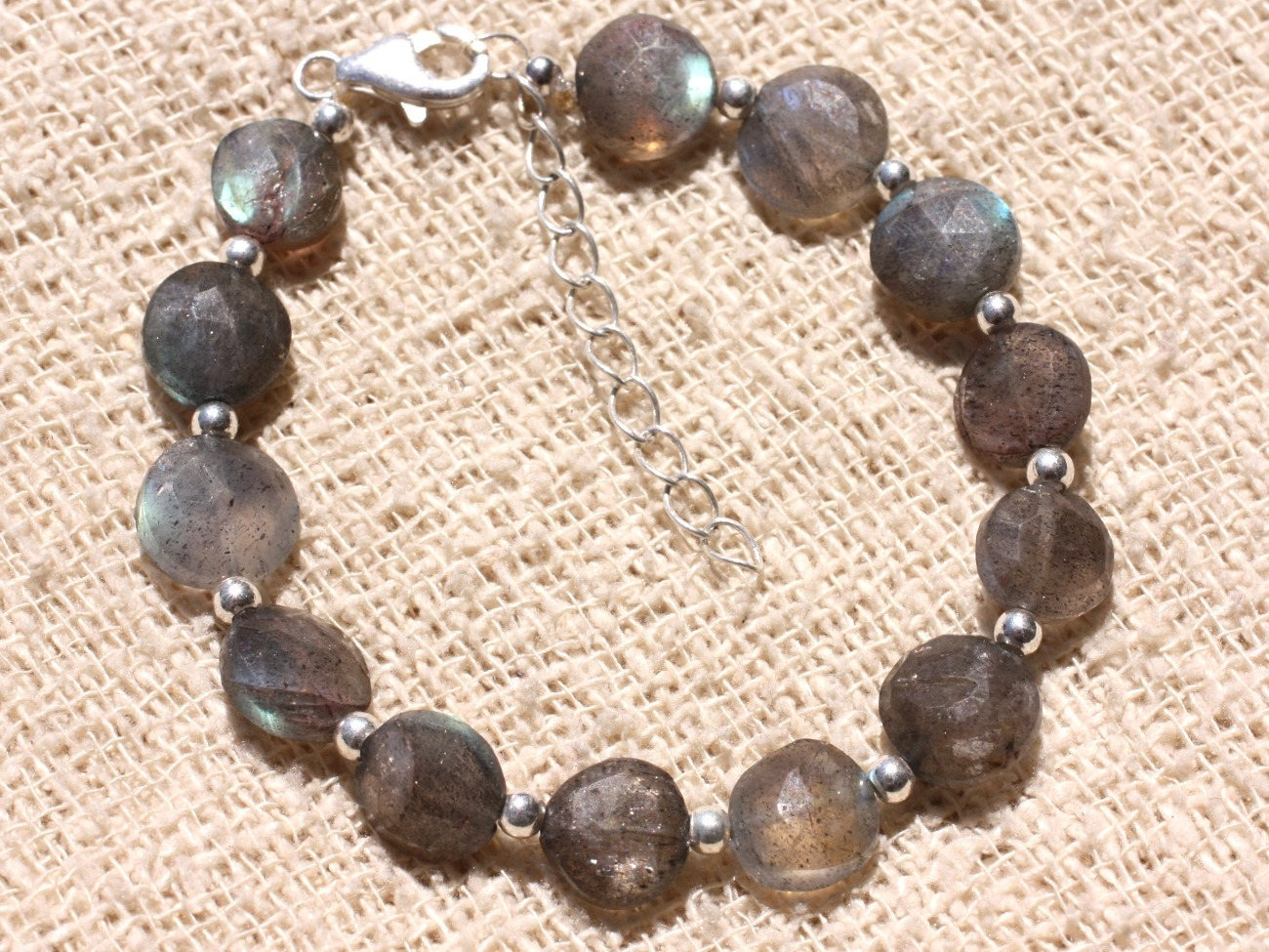 Bracelet Argent 925 et Perles de Pierre Labradorite Palets 10mm Femme
