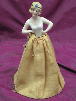 Antique German porcelain bisque half doll 6099 & wire frame dress