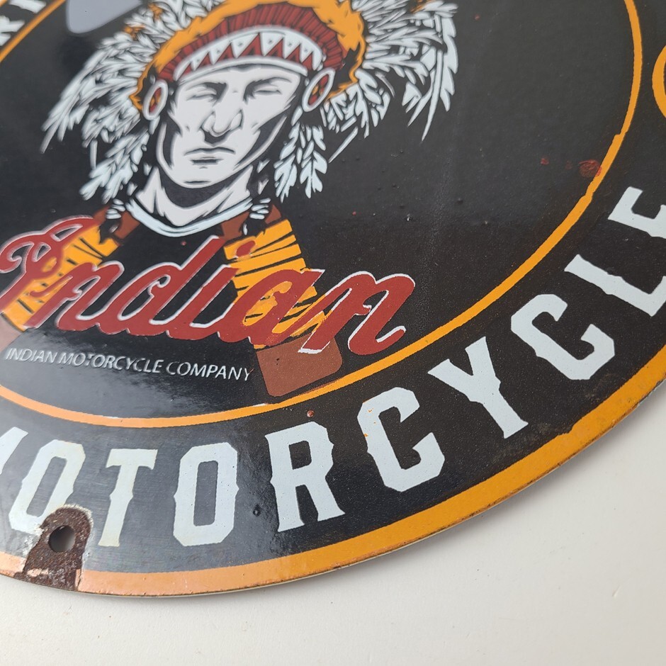 Vintage Indian Motorcycle Sign - Porcelain Ride Tribe Gas Station