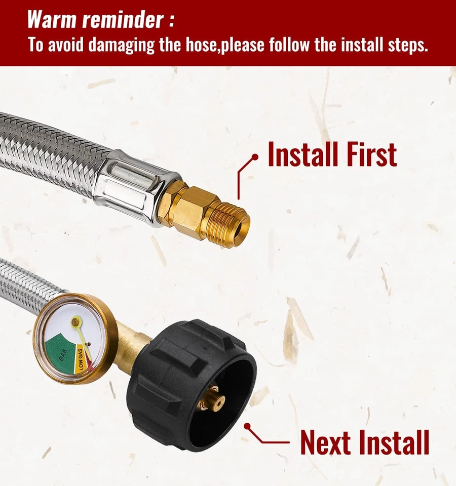 15 inch RV Propane Hoses with Gauge, 1/4” Male Inverted, Stainless Steel B - Image 4 of 4