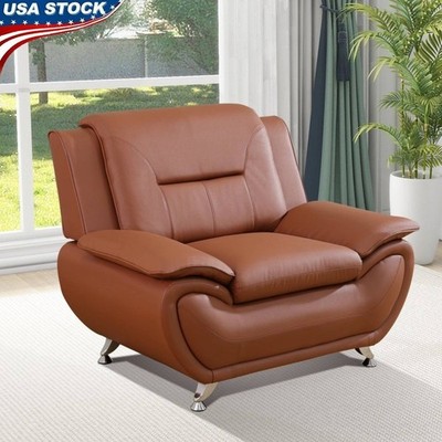 Leather Sofa Chair Mid Century Modern Memory Foam Tufted Living Room Furniture