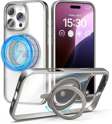 pcgaga iPhone 16 Pro Max Hülle mit MagSafe Ring Ständer Vergilbungsfrei Klar Silber