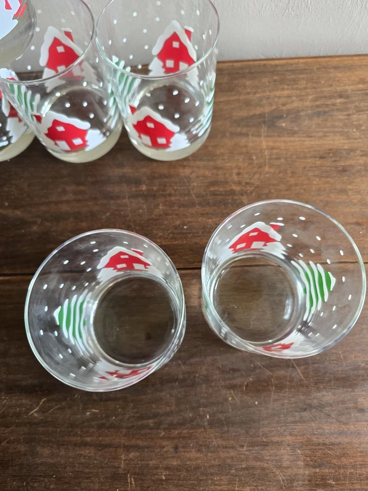 Set Of 6 Pier One"Winter Village" Snowy Red Cabin Trees 12oz Tumblers Glasses - Image 4 of 4