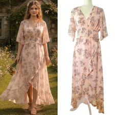 Express Floral Maxi Dress Women's Size M Pink Ruffled Faux Wrap Cottage core