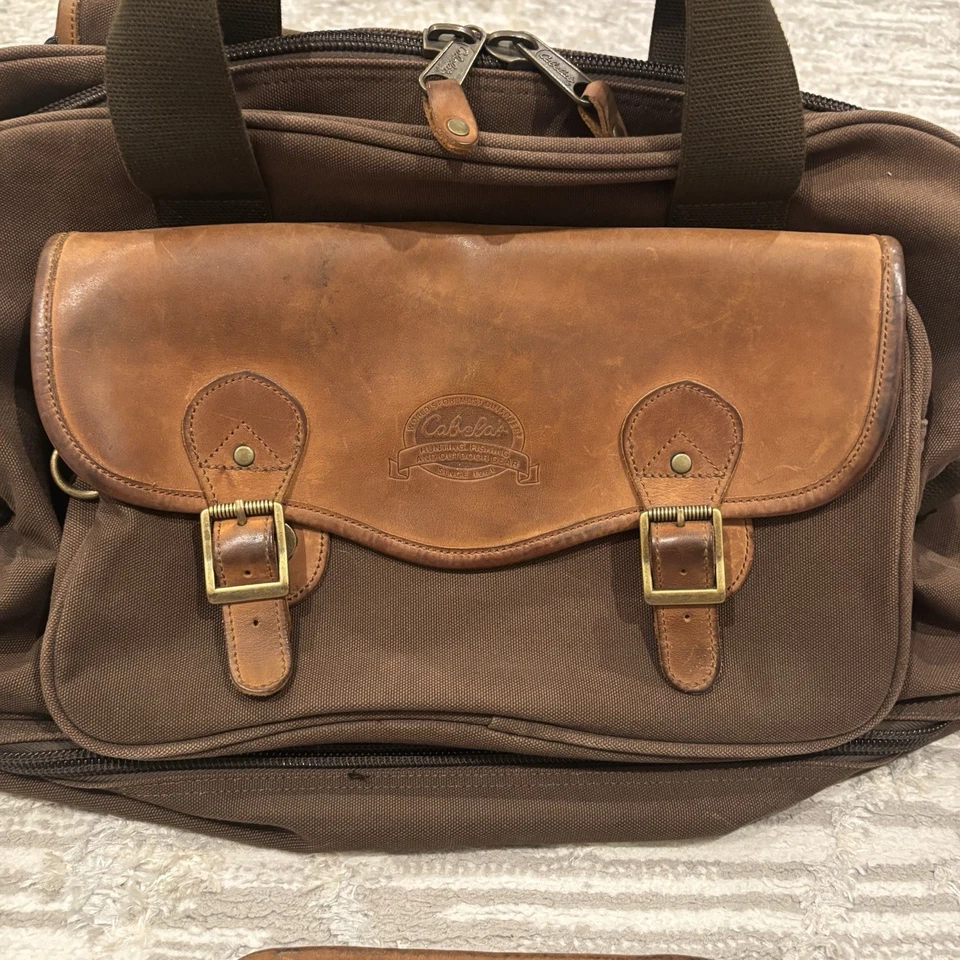 Vintage Cabela’s Leather Canvas Duffle Bag Carry On Travel Work Shoulder Rare - Image 4 of 4