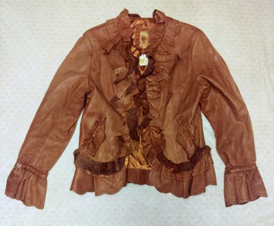 NOS Tribe America Ruffled Leather Jacket sz 12 Made in USA Brown Womens Zip $549
