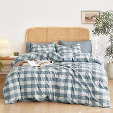 - Gingham Cotton Duvet Cover Set, Plaid Buffalo Check King Greyish Blue White