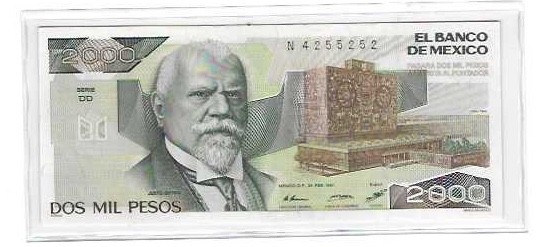 MEXICO - BANCO DE MEXICO  2000 PESO  SERIES DD /  N   1987  UNCIRCULATED