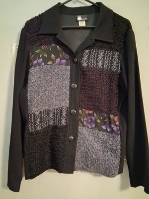 First Option Womens Light Jacket Black w/Parchwork Button  L Grandmacore