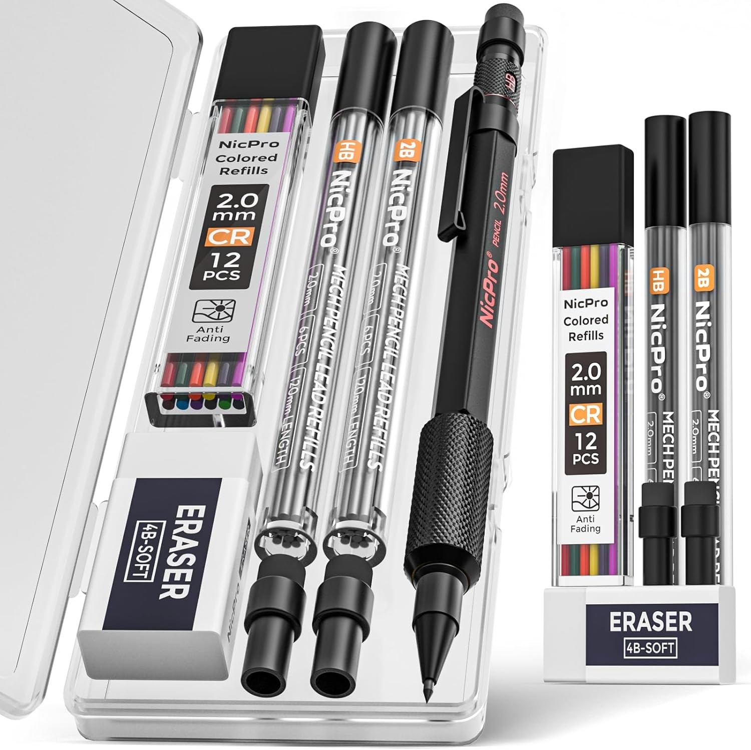 S Set With Case, 12 Black & Colored Lead Refills, Er