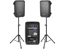 (NEW) Knox Gear Dual 8” 300 Watt Speakers & Mixer w/Tripod Stands 