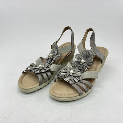 Remonte Damen-Sandalen silber Kunstleder UK 6 Blumendetail bequeme Slipper