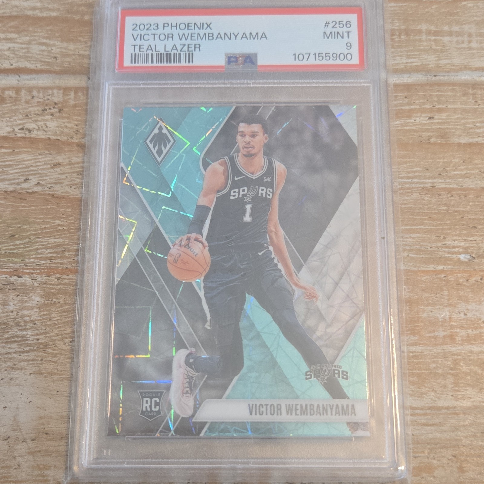 Panini Phoenix 2023-24 Victor Wembanyama #256 Teal Lazer RC PSA 9 Spurs view 1