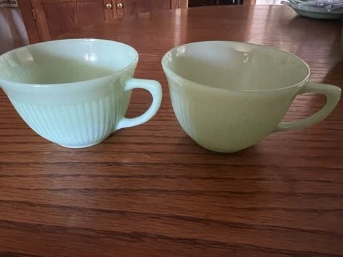 Vintage 1950's Fire King Jane Ray Jadeite Ribbed Coffee Cups Set Of 2
