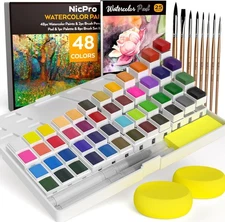 Nicpro 48 Colors Watercolor Paint Set with 8PCS Painting Brushes, 25 Sheet Water