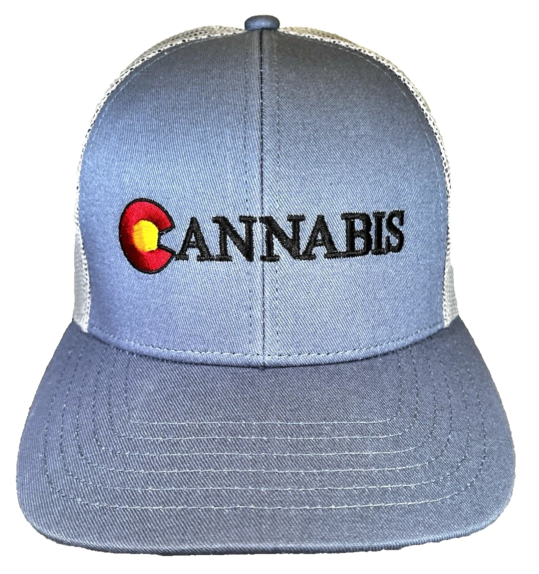 Colorado Cannabis Trucker Hat-Steel Blue & Tan Mesh Snapback-Flat Bill-OC770-NEW