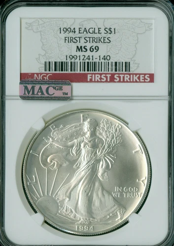 1994 SILVER EAGLE NGC MAC MS69 PQ FIRST STRIKE FINEST RED LABEL MAC SPOTLESS .