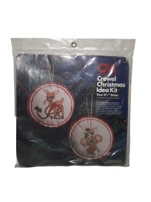 VTG Columbia Minerva Crewel Christmas Idea Kit Two Ornaments Deer Koala Bear,