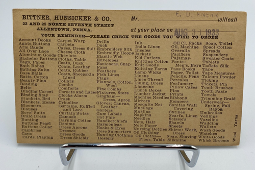 Vtg c.1933 Bitter Hunsicker & Co. Advertisement Postcard
