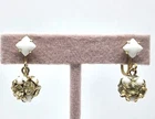 Weiss Earrings Vtg. 1950s Screw Back, Pronged Wht Milk Glass & Grn Rhinestone